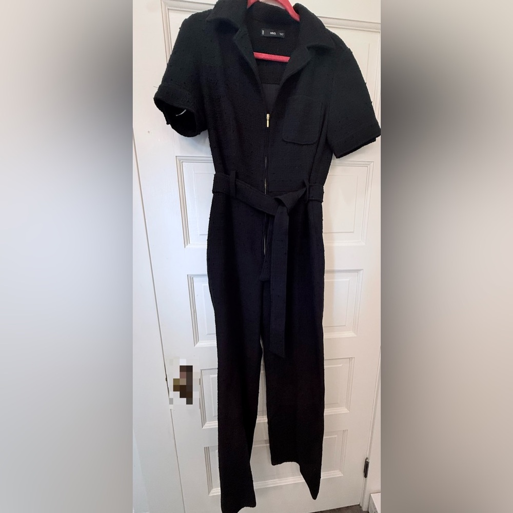 Zara TWEED Black Belted Short-Sleeve Jumpsuit